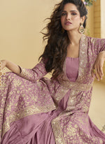 Thumbnail for Vegaa Fashion Onion Pink Chinon Silk Embroidered Designer Gown With Shrug