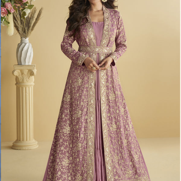 Vegaa Fashion Onion Pink Chinon Silk Embroidered Designer Gown With Shrug