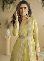 Thumbnail for Vegaa Fashion Lemon Yellow Chinon Silk Embroidered Designer Gown With Shrug - Distacart