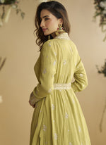 Thumbnail for Vegaa Fashion Lemon Yellow Chinon Silk Embroidered Designer Gown With Shrug - Distacart
