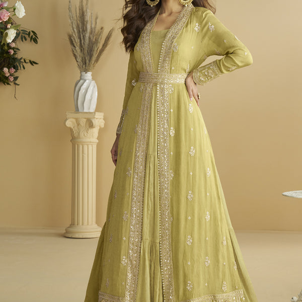 Vegaa Fashion Lemon Yellow Chinon Silk Embroidered Designer Gown With Shrug - Distacart