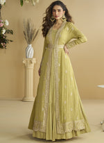 Thumbnail for Vegaa Fashion Lemon Yellow Chinon Silk Embroidered Designer Gown With Shrug - Distacart