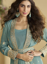 Thumbnail for Vegaa Fashion Sky Blue Chinon Silk Embroidered Designer Gown With Shrug