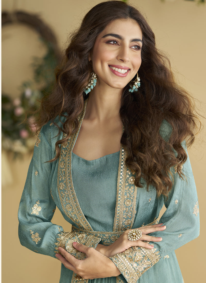 Vegaa Fashion Sky Blue Chinon Silk Embroidered Designer Gown With Shrug