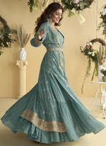 Thumbnail for Vegaa Fashion Sky Blue Chinon Silk Embroidered Designer Gown With Shrug