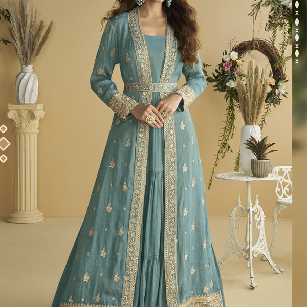 Vegaa Fashion Sky Blue Chinon Silk Embroidered Designer Gown With Shrug