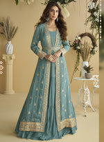 Thumbnail for Vegaa Fashion Sky Blue Chinon Silk Embroidered Designer Gown With Shrug