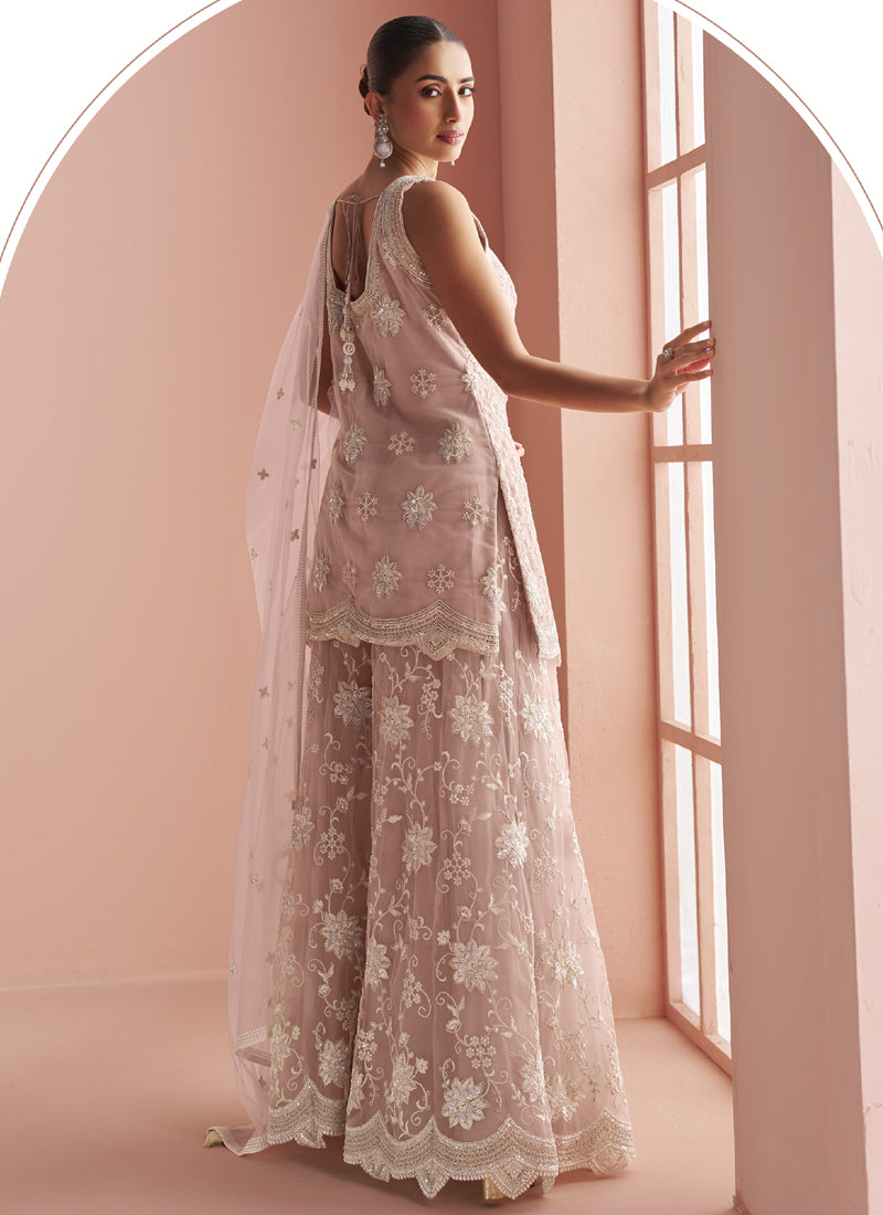 Vegaa Fashion Light Onion Pink Net Embroidered Beads Trendy Palazzo Suit - Distacart