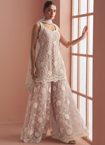 Thumbnail for Vegaa Fashion Light Onion Pink Net Embroidered Beads Trendy Palazzo Suit - Distacart