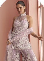Thumbnail for Vegaa Fashion Light Lavender Net Embroidered Beads Trendy Palazzo Suit - Distacart