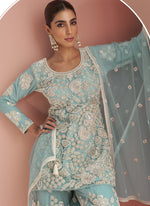Thumbnail for Vegaa Fashion Light Sky Blue Net Embroidered Beads Trendy Palazzo Suit - Distacart