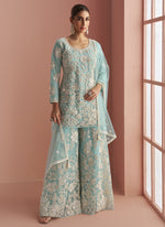 Thumbnail for Vegaa Fashion Light Sky Blue Net Embroidered Beads Trendy Palazzo Suit - Distacart