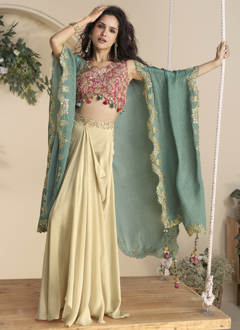 Vegaa Fashion Beige Real Chinon Silk Embroidered Shrug Style Western Suit
