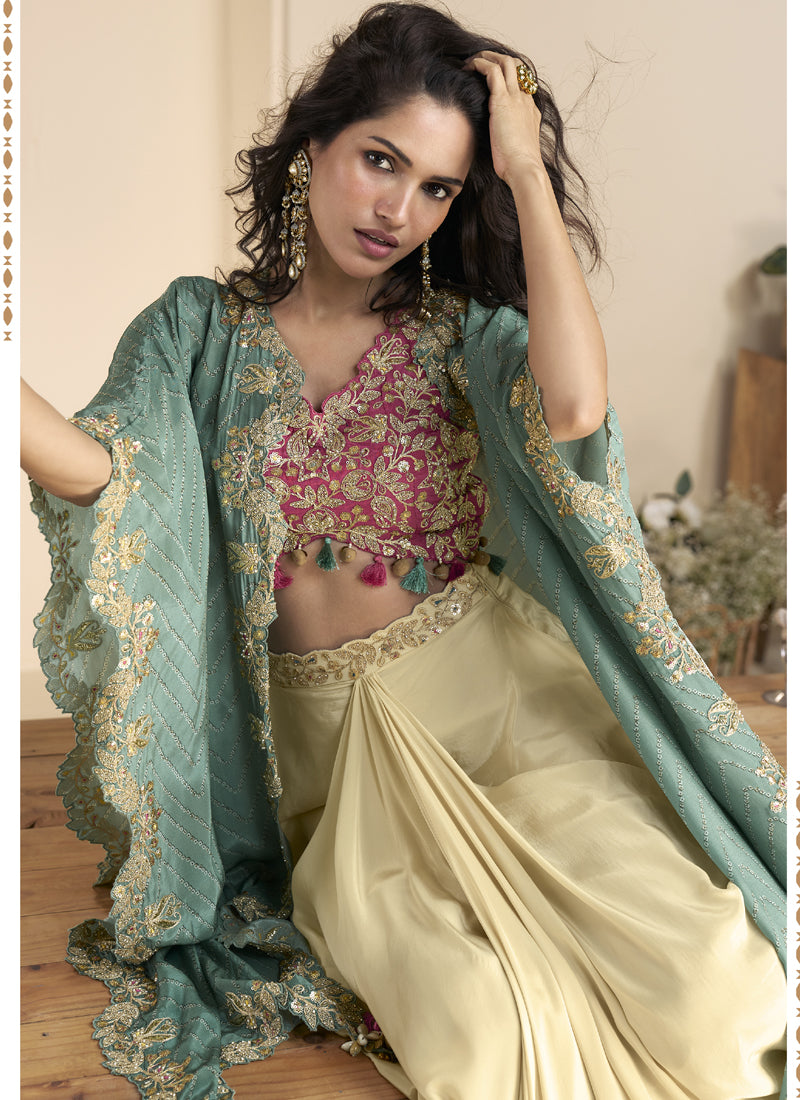 Vegaa Fashion Beige Real Chinon Silk Embroidered Shrug Style Western Suit