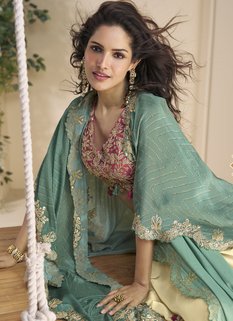 Vegaa Fashion Beige Real Chinon Silk Embroidered Shrug Style Western Suit