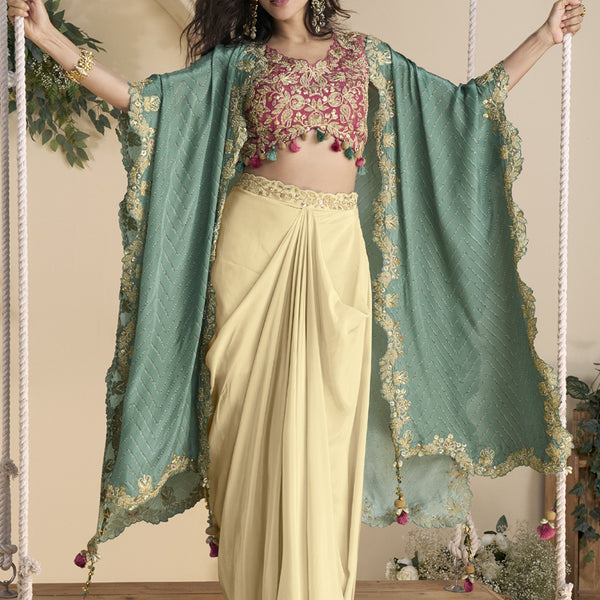 Vegaa Fashion Beige Real Chinon Silk Embroidered Shrug Style Western Suit