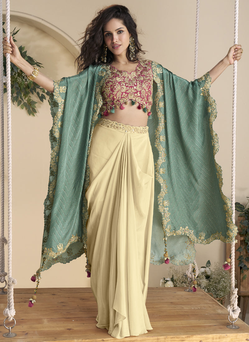 Vegaa Fashion Beige Real Chinon Silk Embroidered Shrug Style Western Suit - Distacart