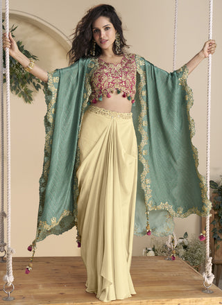 Vegaa Fashion Beige Real Chinon Silk Embroidered Shrug Style Western Suit