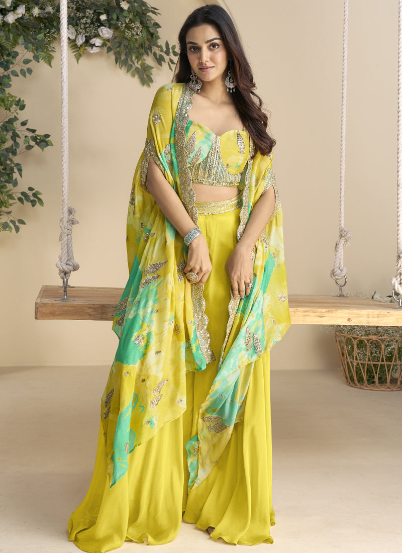 Vegaa Fashion Yellow Real Chinon Silk Embroidered Shrug Style Western Suit