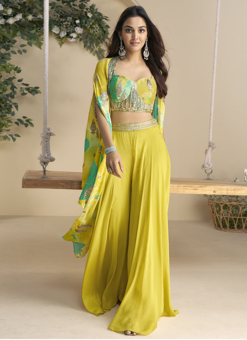 Vegaa Fashion Yellow Real Chinon Silk Embroidered Shrug Style Western Suit