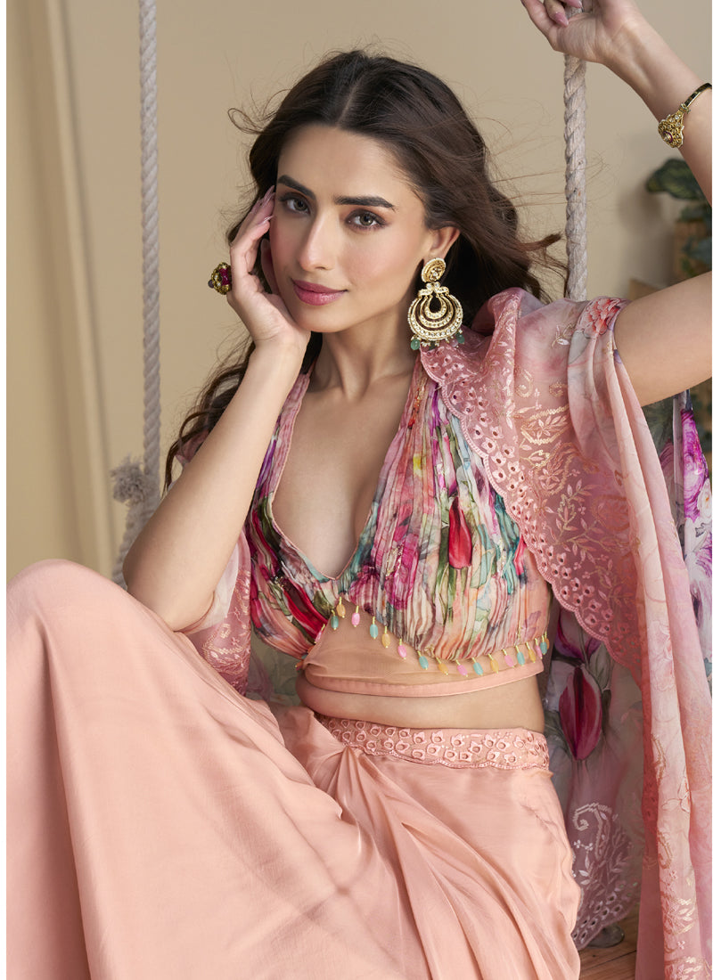 Vegaa Fashion Peach Real Chinon Silk Embroidered Shrug Style Western Suit