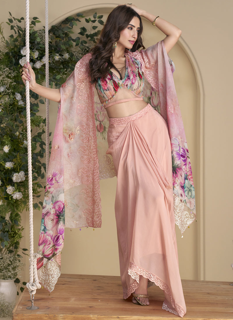Vegaa Fashion Peach Real Chinon Silk Embroidered Shrug Style Western Suit