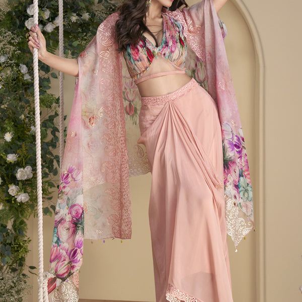 Vegaa Fashion Peach Real Chinon Silk Embroidered Shrug Style Western Suit