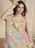 Thumbnail for Vegaa Fashion Peach Real Chinon Silk Embroidered Shrug Style Western Suit