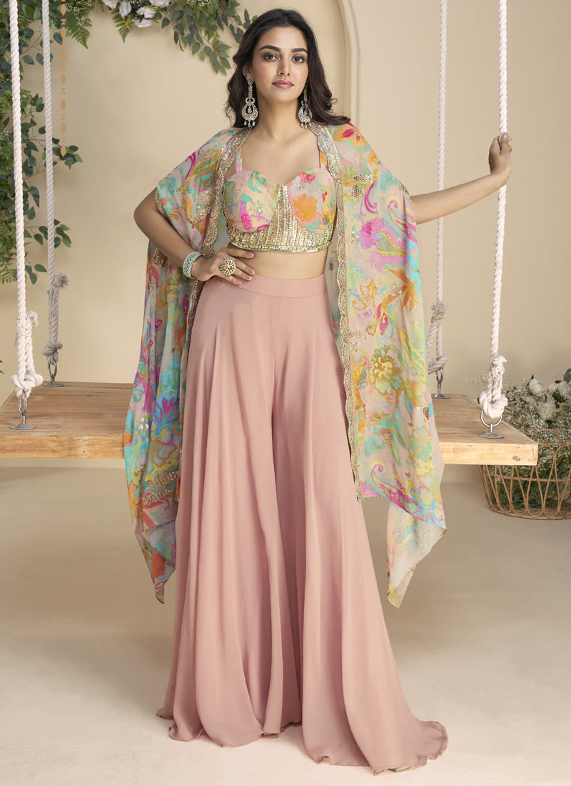Vegaa Fashion Peach Real Chinon Silk Embroidered Shrug Style Western Suit