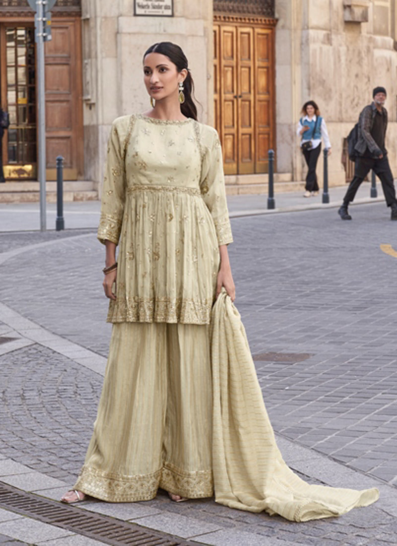 Vegaa Fashion Off White Silk Embroidered Palazzo Suit