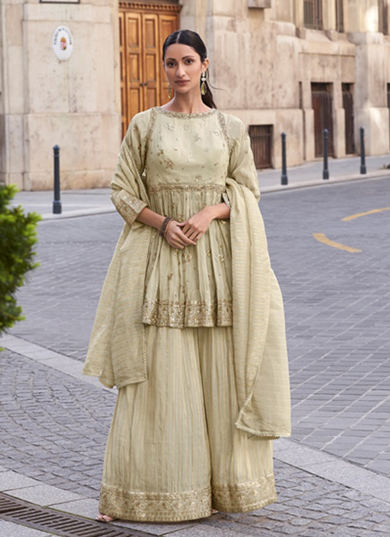 Vegaa Fashion Off White Silk Embroidered Palazzo Suit