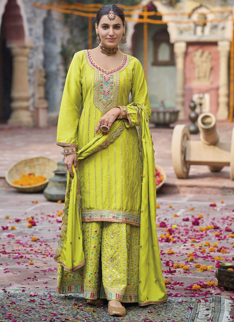 Vegaa Fashion Lime Green Chinon Silk Embroidered Designer Palazzo Suit