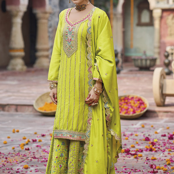 Vegaa Fashion Lime Green Chinon Silk Embroidered Designer Palazzo Suit - Distacart