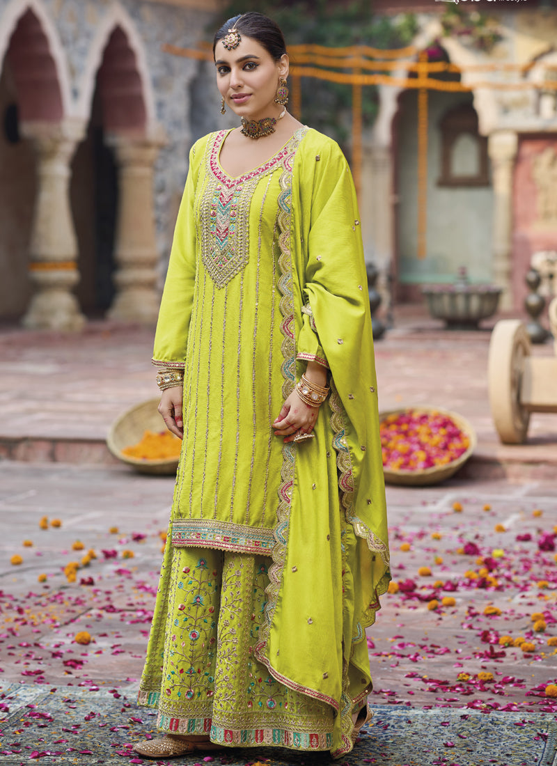 Vegaa Fashion Lime Green Chinon Silk Embroidered Designer Palazzo Suit - Distacart