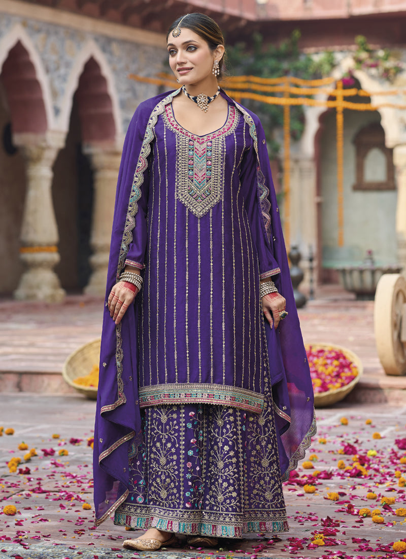 Vegaa Fashion Violet Chinon Silk Embroidered Designer Palazzo Suit