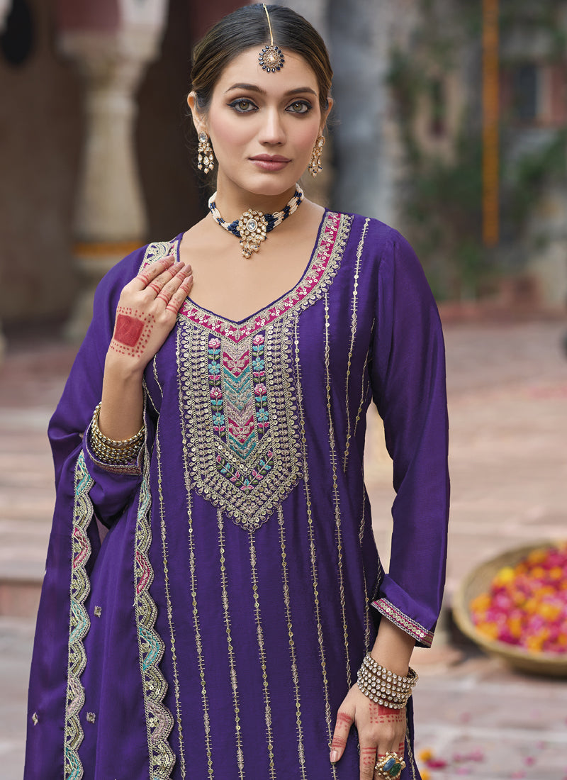 Vegaa Fashion Violet Chinon Silk Embroidered Designer Palazzo Suit