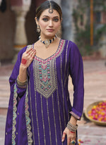 Thumbnail for Vegaa Fashion Violet Chinon Silk Embroidered Designer Palazzo Suit