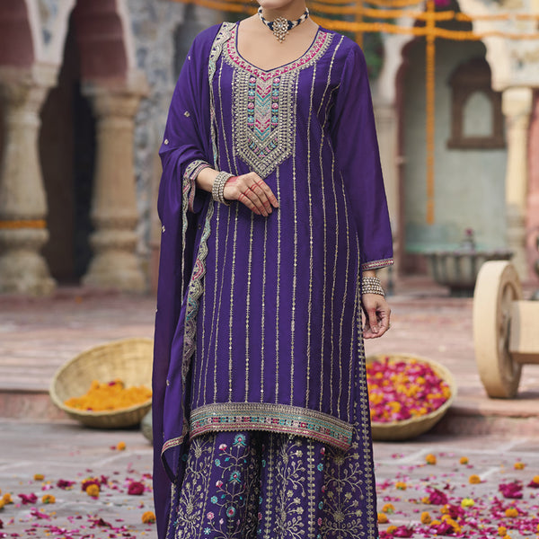 Vegaa Fashion Violet Chinon Silk Embroidered Designer Palazzo Suit - Distacart