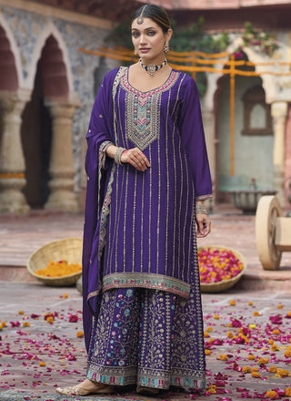 Vegaa Fashion Violet Chinon Silk Embroidered Designer Palazzo Suit