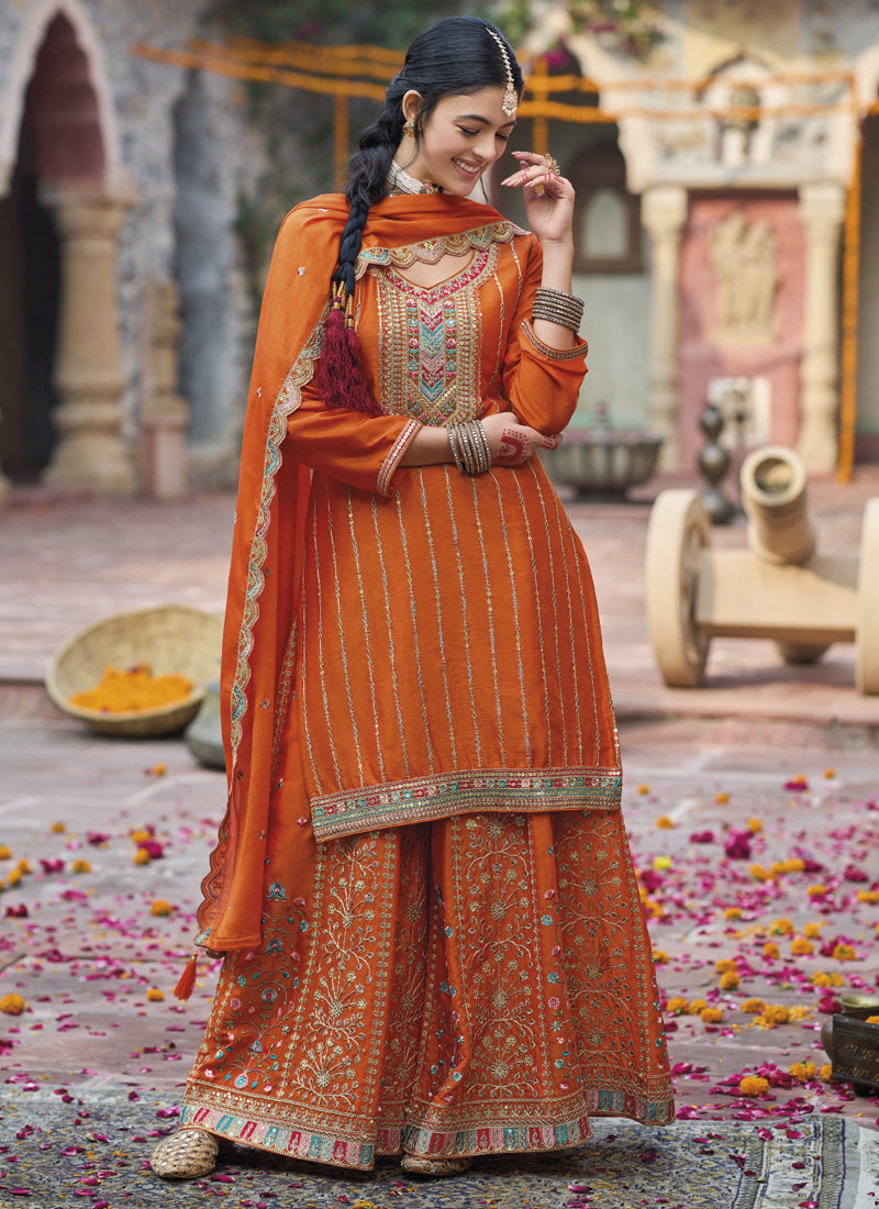 Vegaa Fashion Orange Chinon Silk Embroidered Designer Palazzo Suit