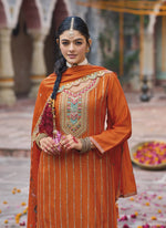 Thumbnail for Vegaa Fashion Orange Chinon Silk Embroidered Designer Palazzo Suit