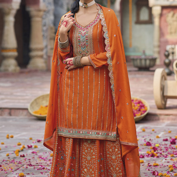 Vegaa Fashion Orange Chinon Silk Embroidered Designer Palazzo Suit - Distacart