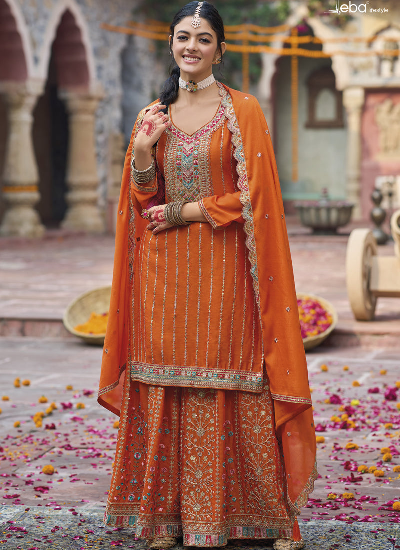 Vegaa Fashion Orange Chinon Silk Embroidered Designer Palazzo Suit - Distacart