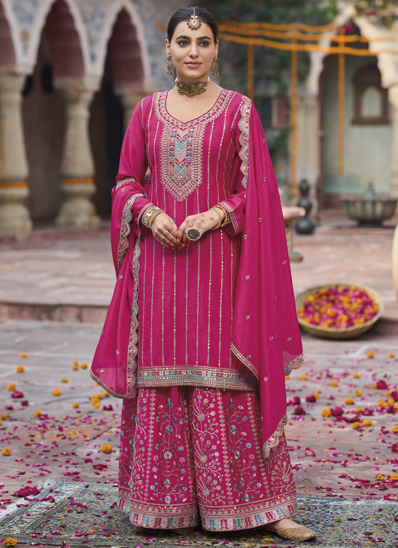Vegaa Fashion Pink Chinon Silk Embroidered Designer Palazzo Suit