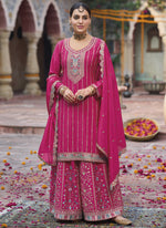 Thumbnail for Vegaa Fashion Pink Chinon Silk Embroidered Designer Palazzo Suit