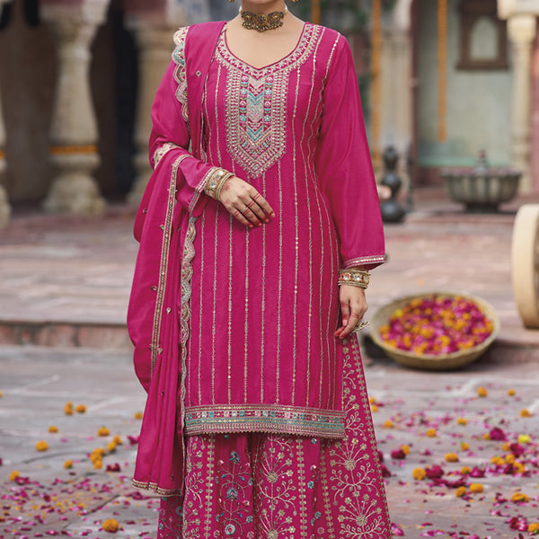 Vegaa Fashion Pink Chinon Silk Embroidered Designer Palazzo Suit - Distacart