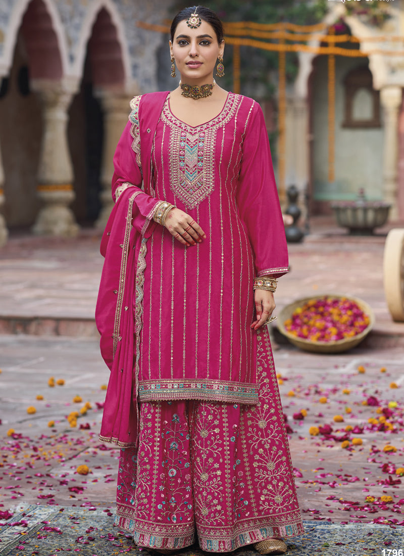 Vegaa Fashion Pink Chinon Silk Embroidered Designer Palazzo Suit - Distacart