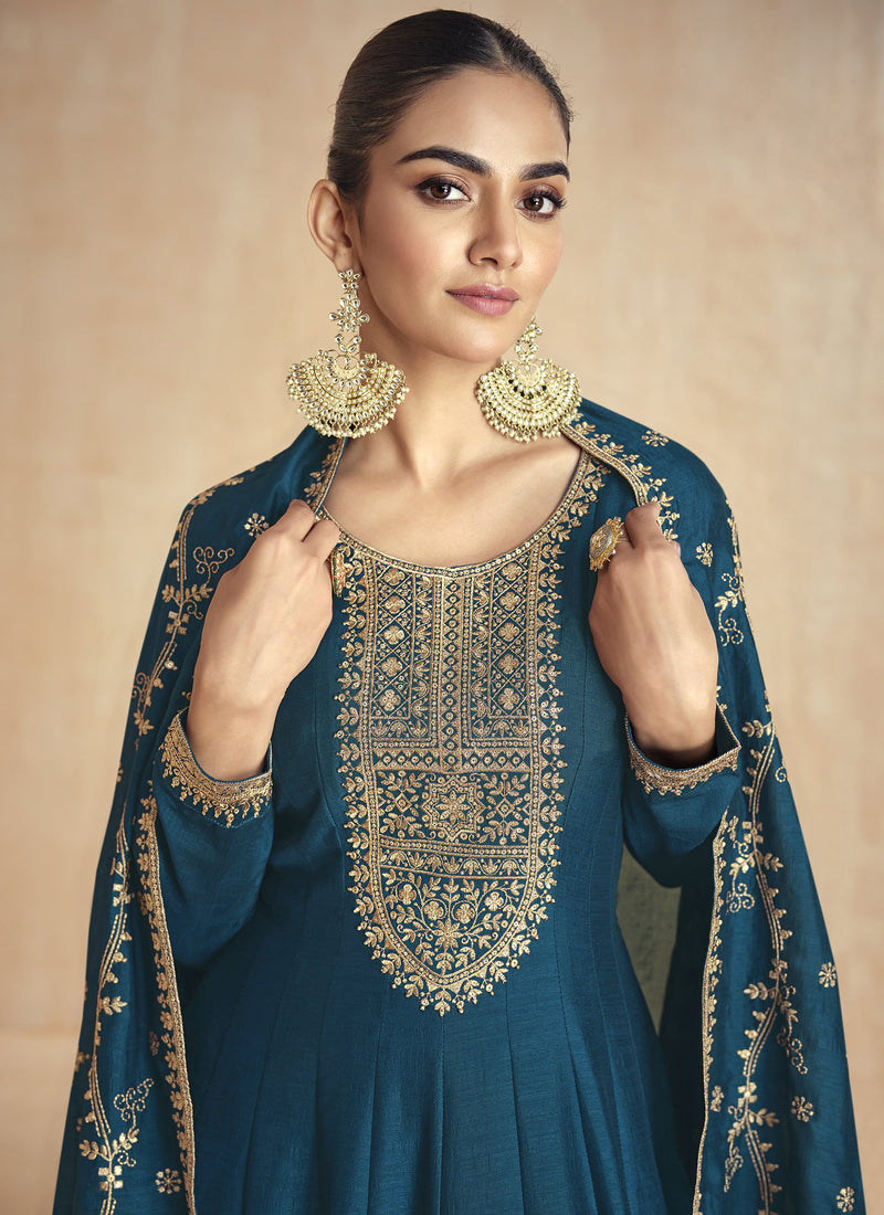 Vegaa Fashion Aqua Blue Silk Embroidered Anarkali Suit