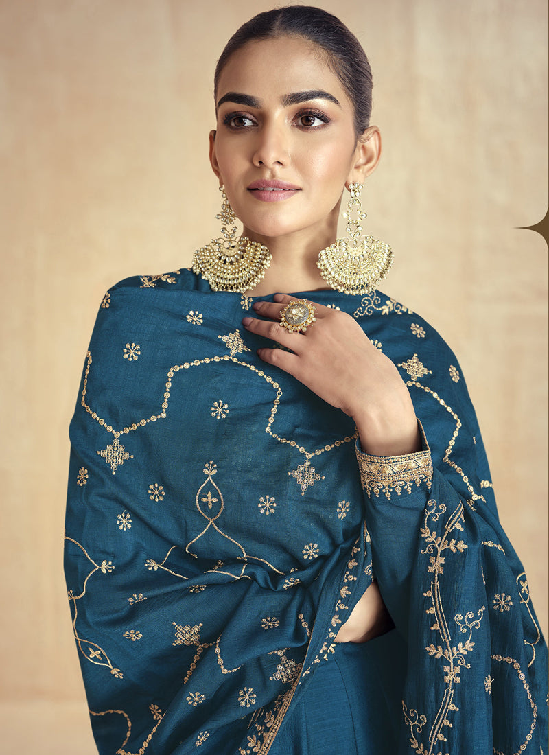 Vegaa Fashion Aqua Blue Silk Embroidered Anarkali Suit