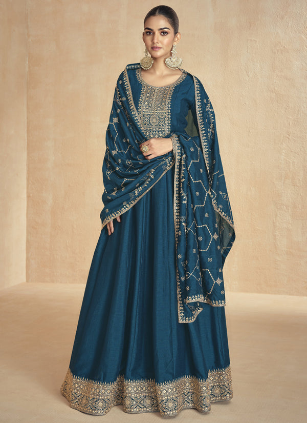 Vegaa Fashion Aqua Blue Silk Embroidered Anarkali Suit